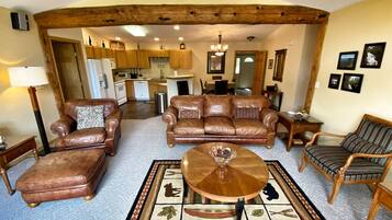 Smart TV, fireplace, books, computer monitors