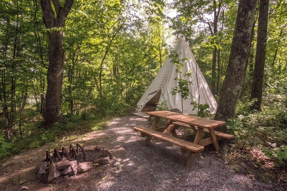 Campsite en un bosque con una tienda de campaña, mesa de picnic y un pozo para fuego.