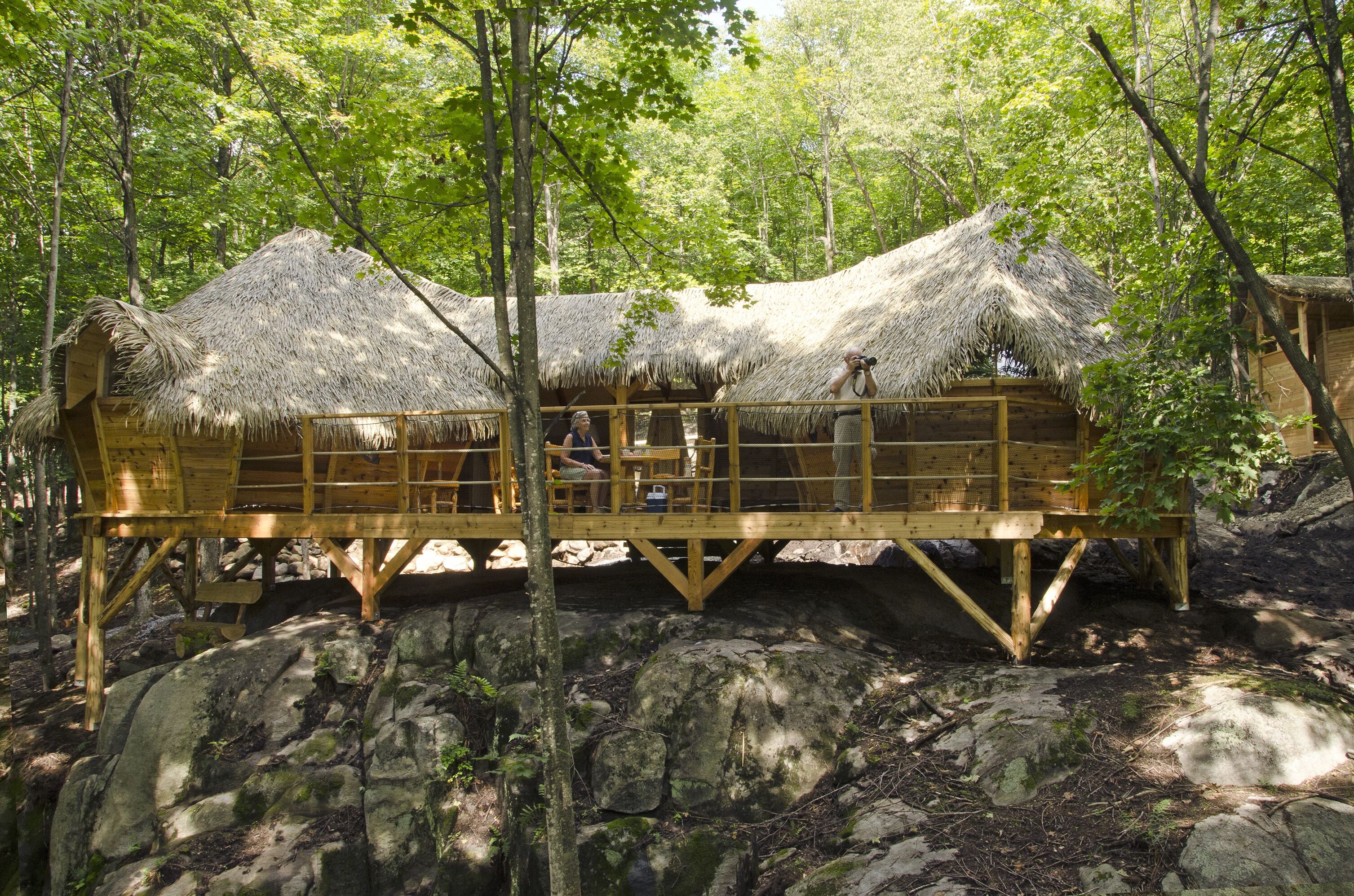 A wooden deck with thatched-roof cabins in a forest setting.