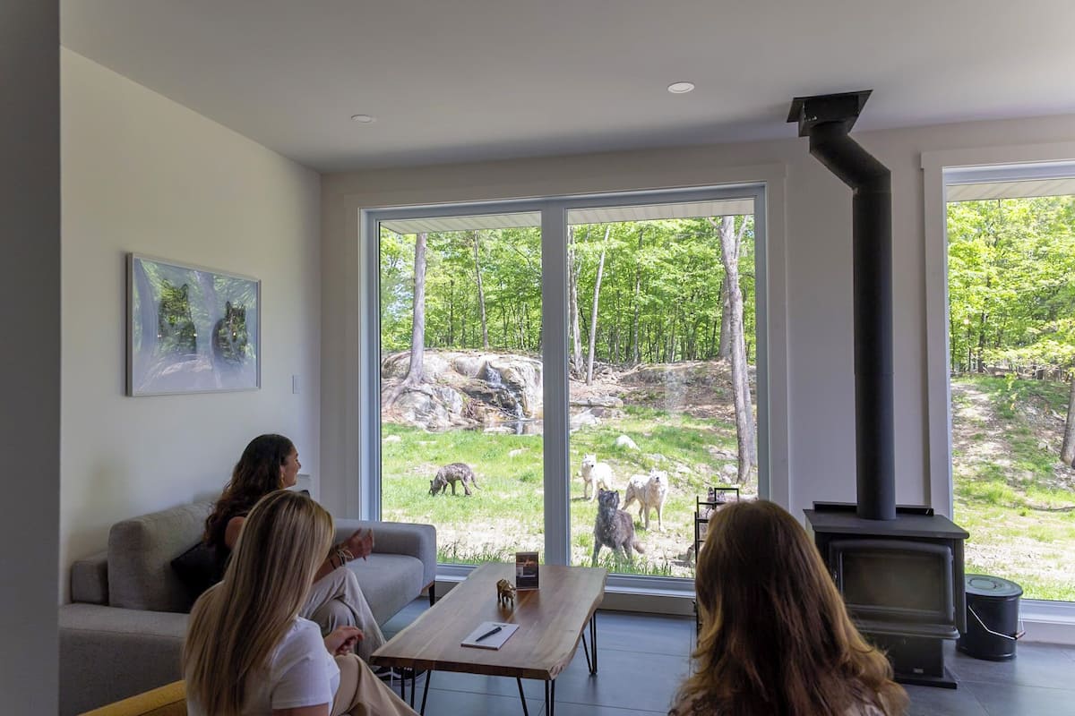 Un salón moderno con un amplio ventanal que da a un espacio natural con animales.