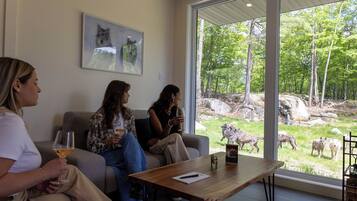 Tres personas sentadas en un sofá, una mesa con un libro y un vaso, y un ventanal con vistas a animales en un entorno natural.
