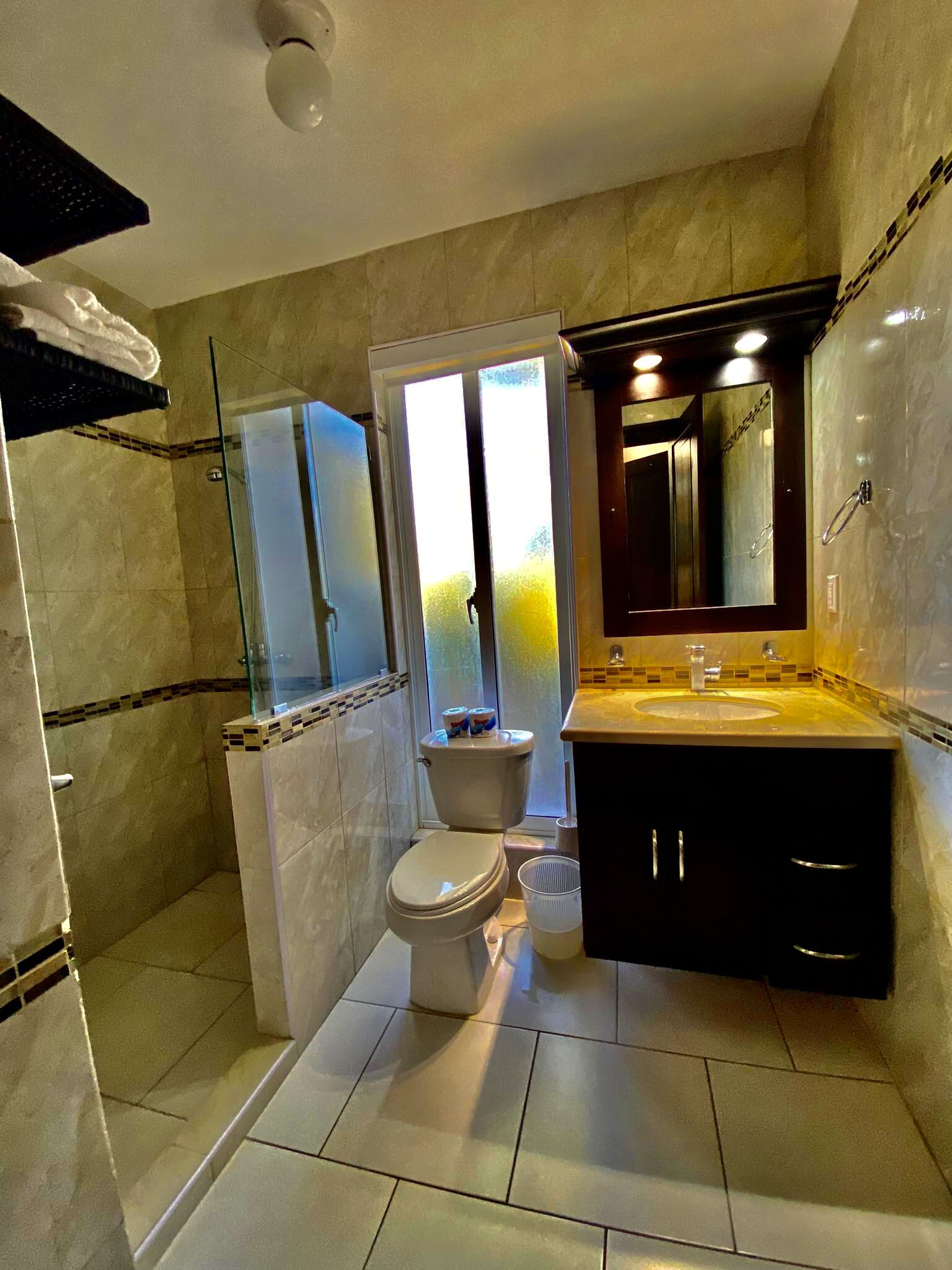 Casa de banho com cabine de duche em vidro, sanita, lavatório com espelho e um porta-toalhas.