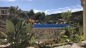 Ein Poolbereich mit einer Steinmauer, umgeben von Pflanzen und Blick auf einen Hügel.