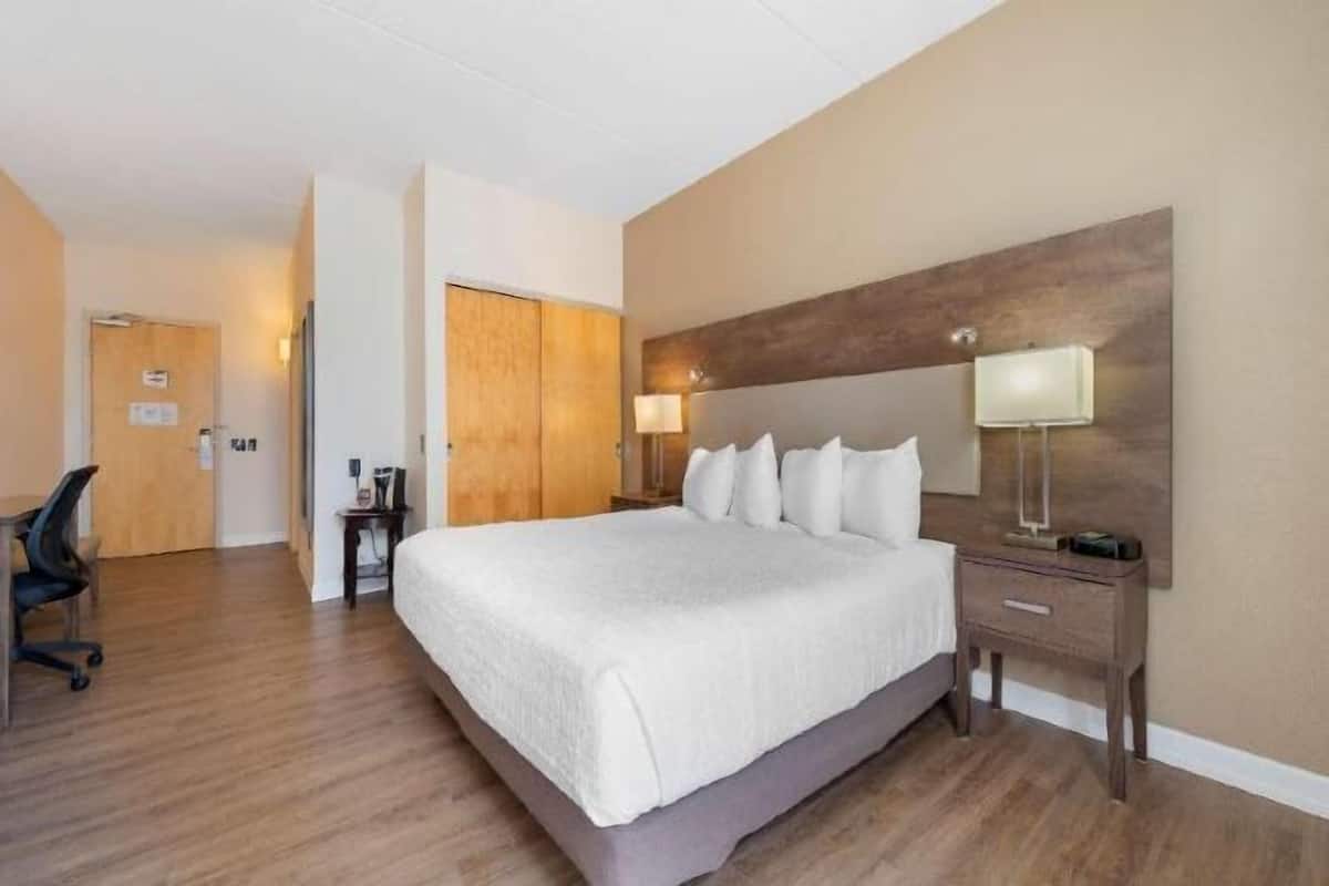 Individually decorated, desk, laptop workspace, blackout drapes