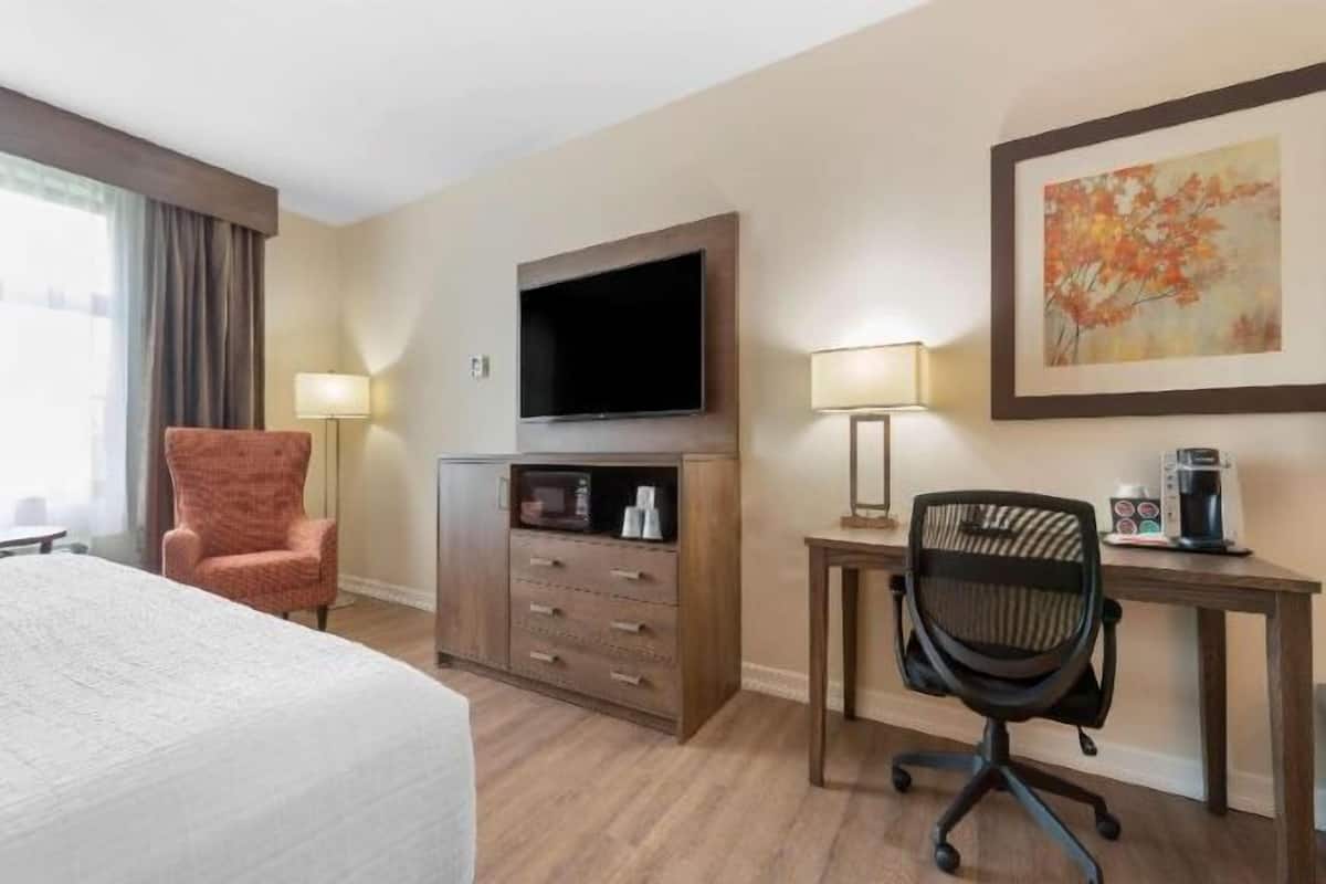 Individually decorated, desk, laptop workspace, blackout drapes