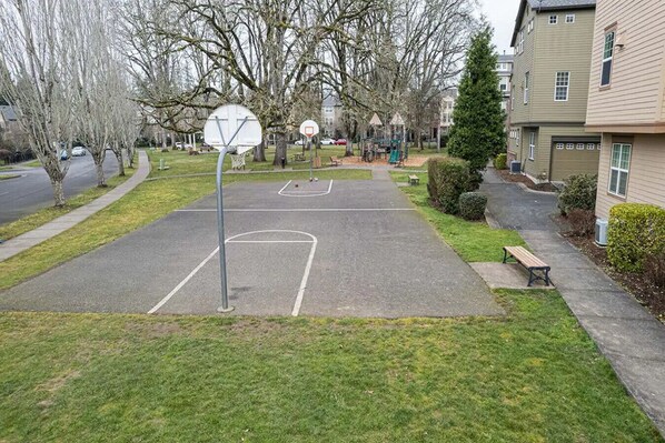 A basketball court with two hoops, surrounded by trees and residential buildings.