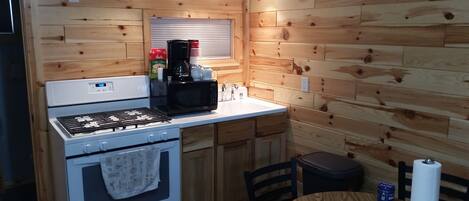 Full-size fridge, microwave, oven, stovetop