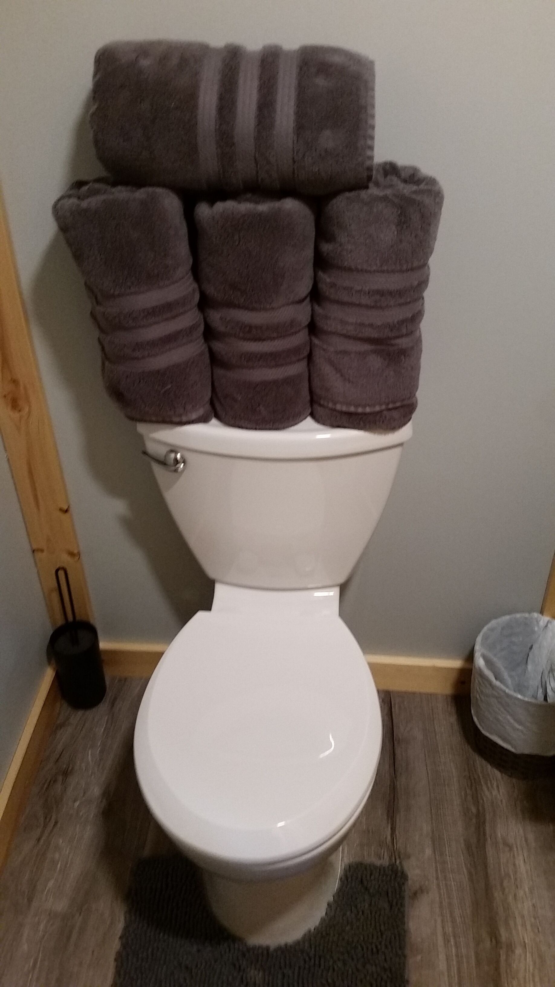 A toilet with a stack of towels on top.