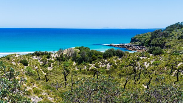 Paisaje costero con playa, afloramientos rocosos y vegetación densa.