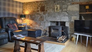 Un salón acogedor con pared de piedra, chimenea, sofá de cuero, mesa de centro y televisor.