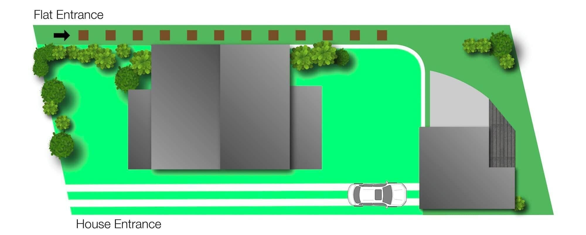 A flat entrance with a house entrance, green landscaping, and a car.