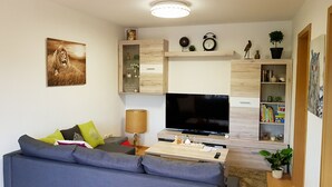 A modern living room with a grey sofa, a flat-screen TV, wooden shelving with decorative items, and a coffee table. - Holidays directly in the spa town of Oberwiesenthal in a modern, cozy 3-room apartment (Kurort Oberwiesenthal)