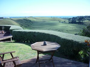 Une terrasse avec une table et des chaises donnant sur un champ verdoyant où paissent des vaches.