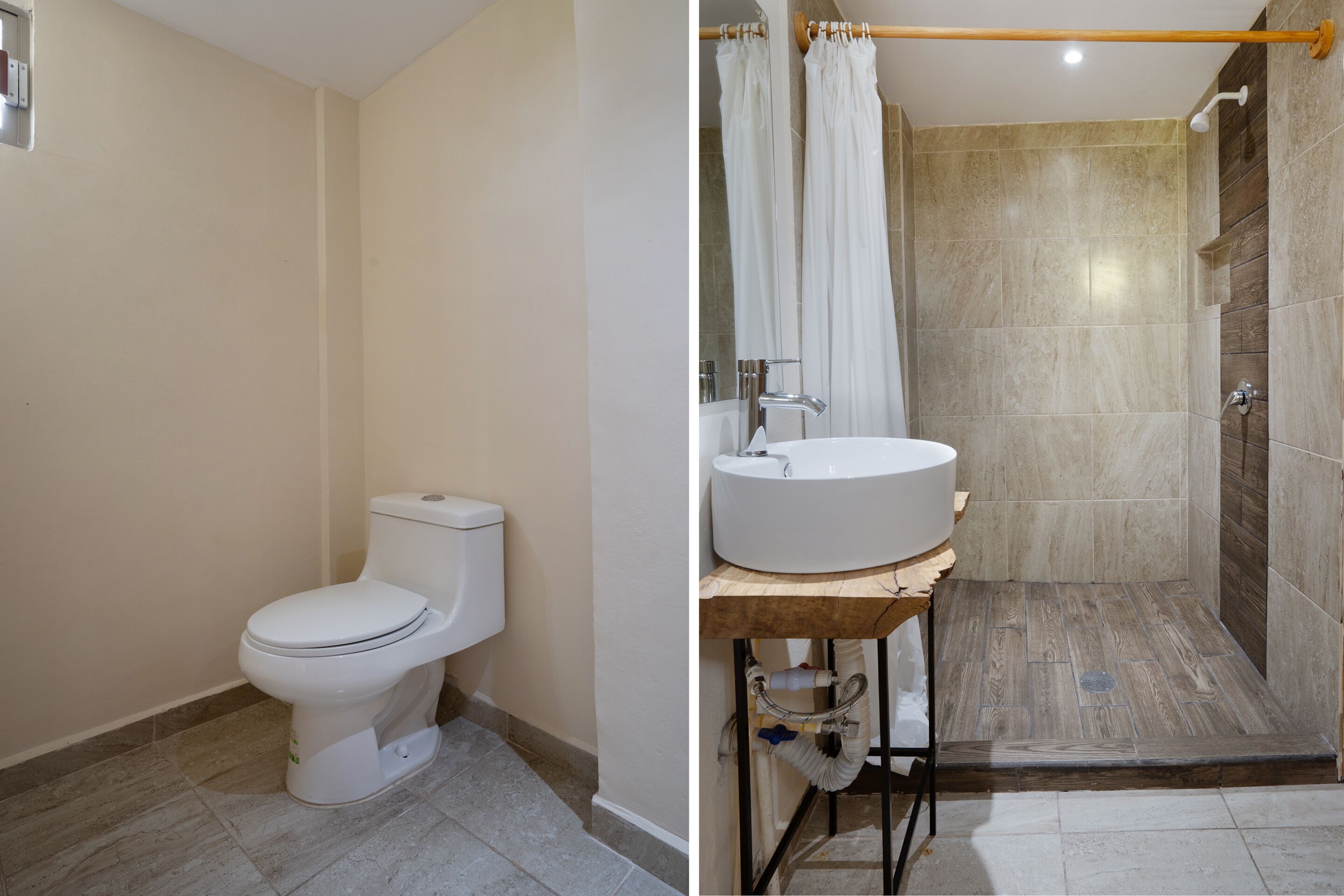 Une salle de bain comprenant des toilettes, un lavabo et un espace douche.