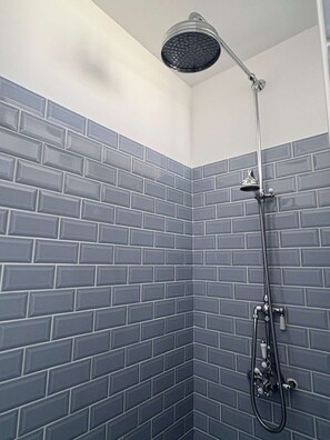 Combined shower/bathtub, hair dryer, soap, toilet paper