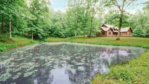 A rustic cabin surrounded by lush greenery and a pond with lily pads.