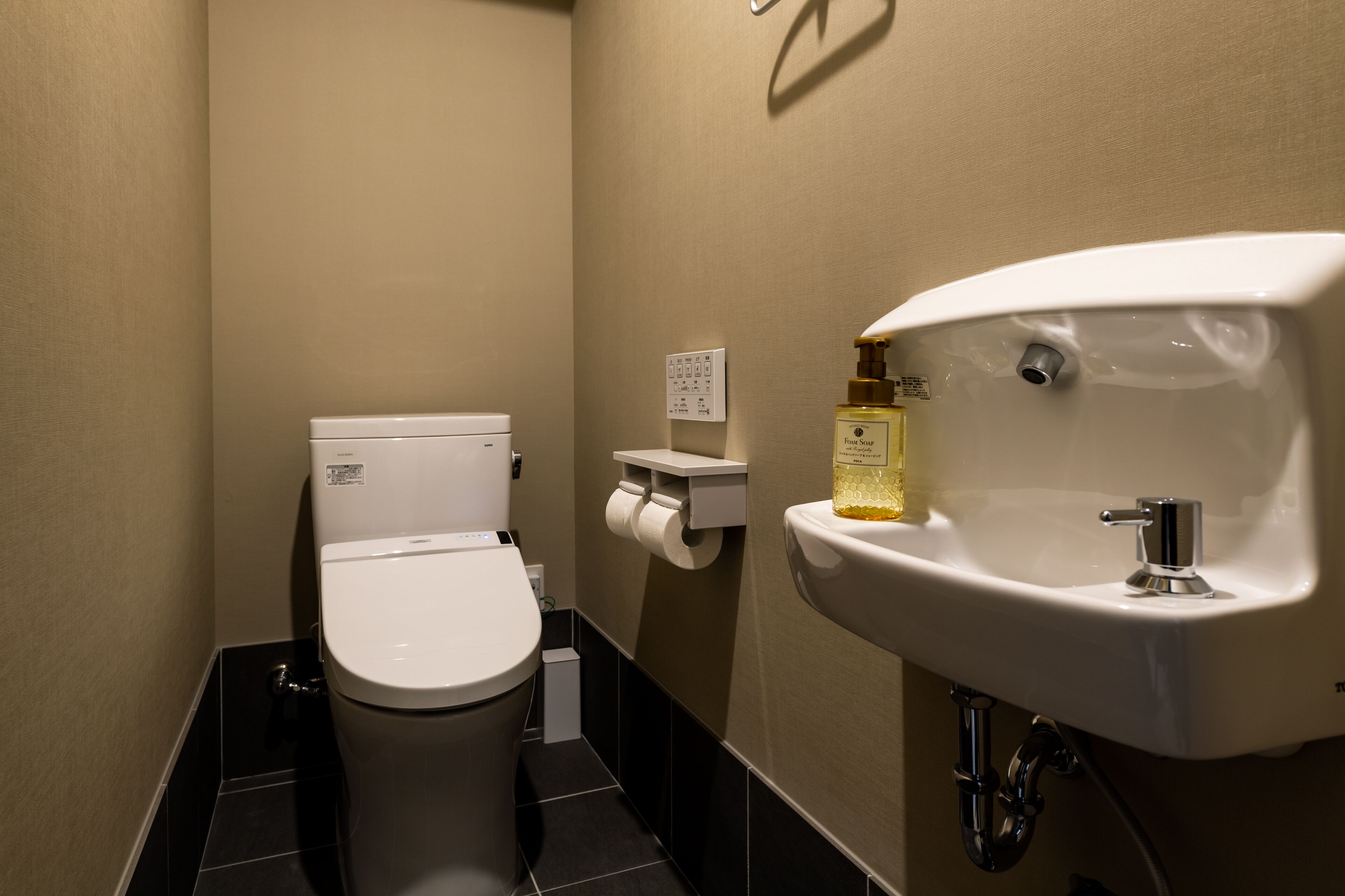 Et moderne badeværelse med et hvidt toilet, en vask og en sæbe.