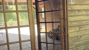 Entrada de una cabaña de madera con puerta de vidrio, un letrero con el número 3 y una pared de piedra visible a través de la puerta.