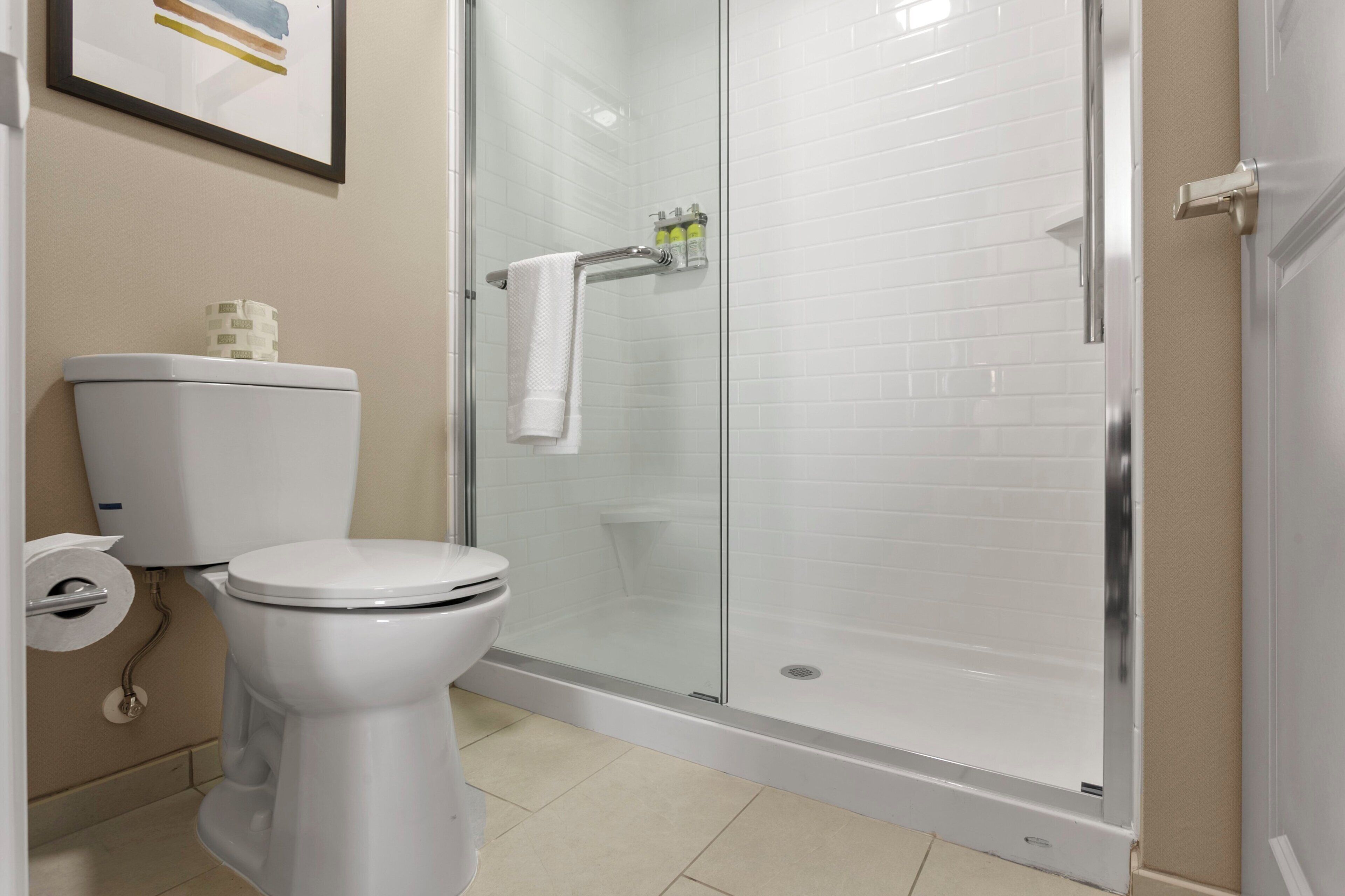 Un baño con inodoro, cabina de ducha de vidrio y un cuadro en la pared.