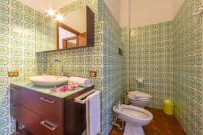 Een bad/douchecombinatie, een haardroger, een bidet, handdoeken