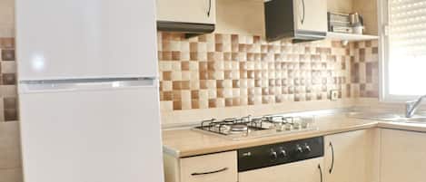 Fridge, microwave, stovetop, coffee/tea maker