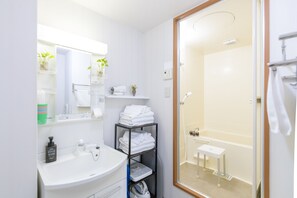 Ensemble douche/baignoire, sèche-cheveux, serviettes fournies, savon