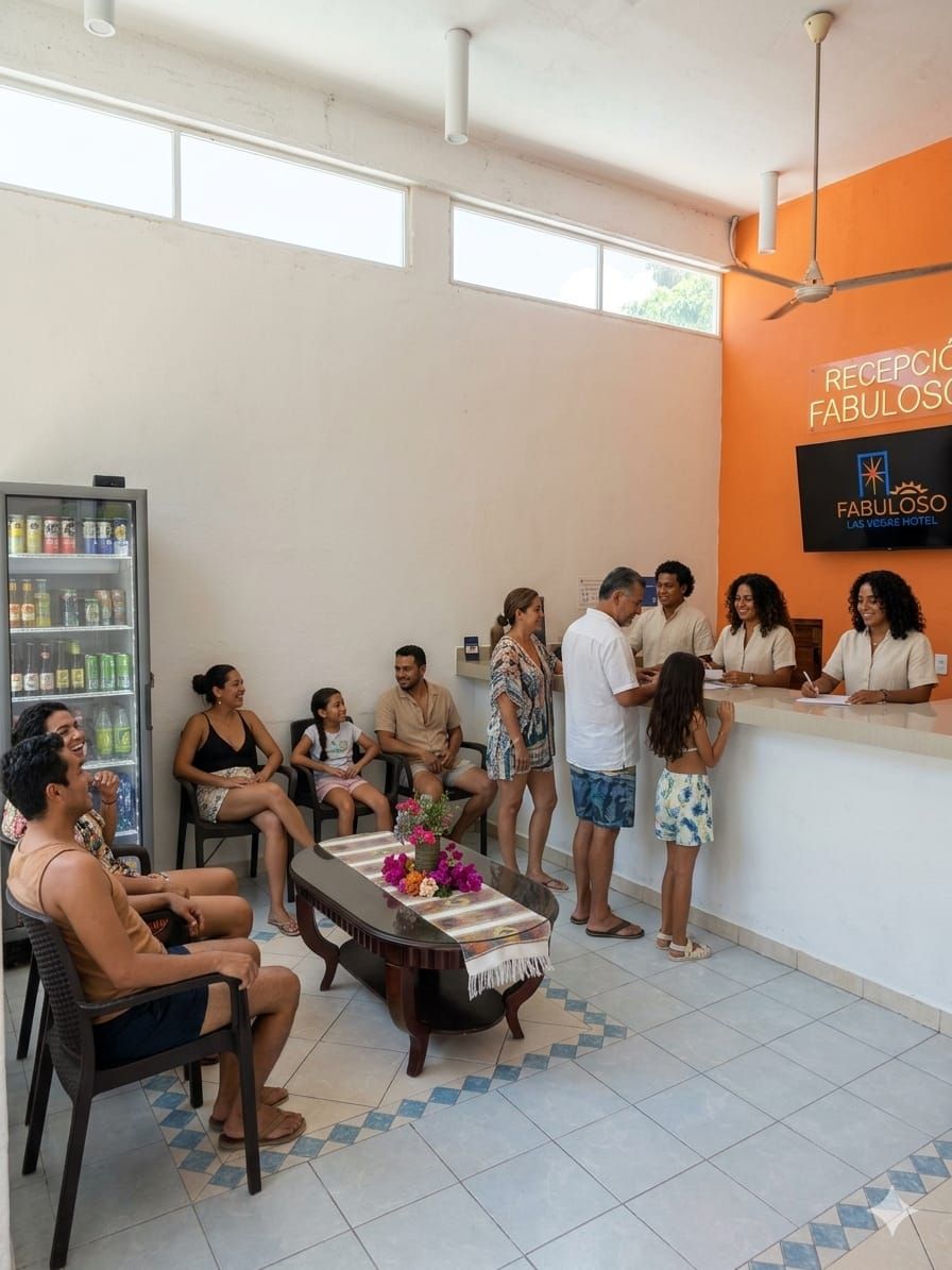 A reception area with a counter, seating, and a refrigerator.