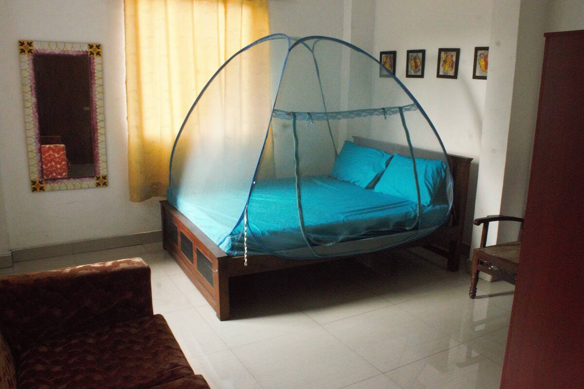 A bedroom with a bed under a mosquito net, a chair, and a mirror on the wall.