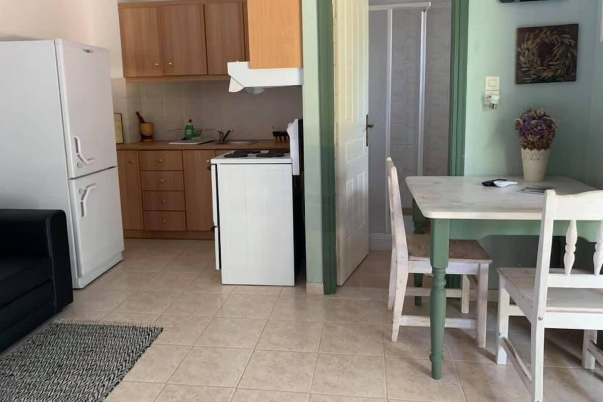 A compact kitchen with a refrigerator, a sink, and wooden cabinets. There is a dining area with a table and chairs.