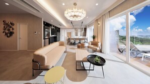 Ein geräumiger Wohnbereich mit einem modernen Sofa, einem Esstisch und Blick ins Freie.