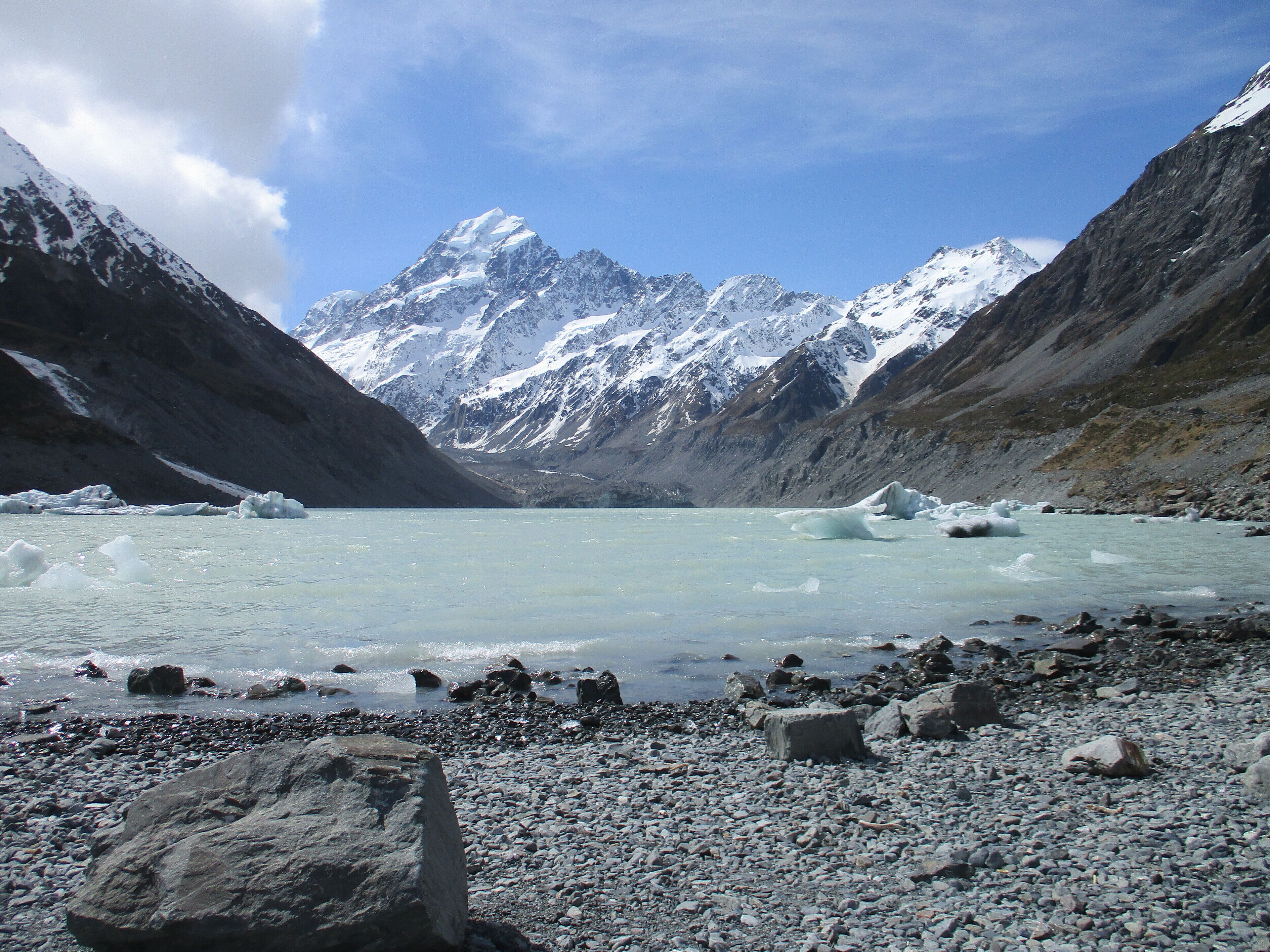 A glacier lake surrounded by mountains.