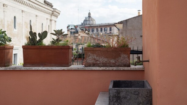 A rooftop terrace with potted plants and a view of historic buildings. - Modern studio with panoramic terrace, by Campo de’ Fiori - Wifi, Independent Heating, A/C (Roma)