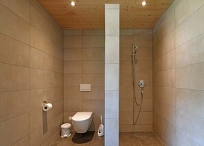 Douche, sèche-cheveux, serviettes fournies, savon