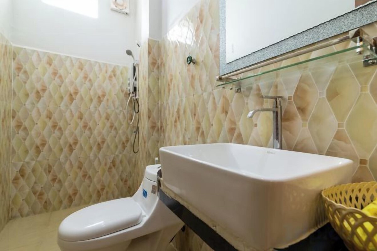 Shower, rainfall showerhead, hair dryer, bathrobes