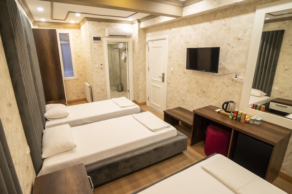 A hotel room with two single beds, a small desk with a mirror, a television, and a shower area.