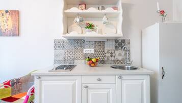 Fridge, stovetop, cookware/dishes/utensils, cleaning supplies