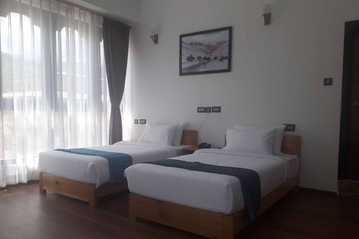 Habitación de hotel con dos camas, un ventanal con cortinas translúcidas, un cuadro en la pared y suelo de madera.