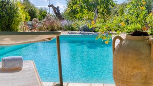 A poolside area with a lounge chair and a large vase with flowers. - Arcangela Residence - Lentisk with Pool in Salento (Corsano)