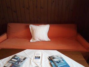 Una habitació amb una paret de fusta, un sofà taronja amb un coixí blanc i una taula amb fulletons i un llibre.