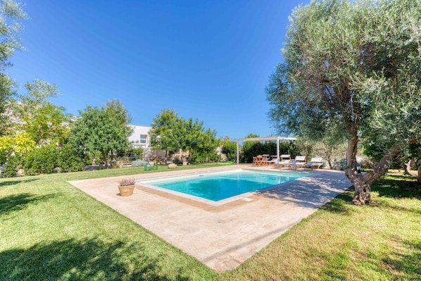 Piscine extérieure, chaises longues