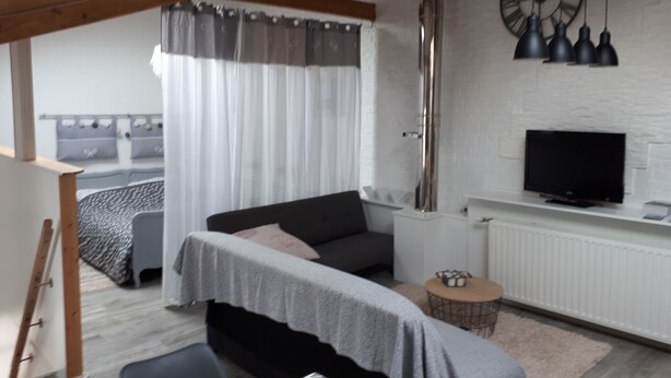 A modern living room with a sofa, a small round table, a TV, and a large window with curtains. - Independent studio on the 1st floor less than 1 kilometer from the Château de Lavaux (Rochefort)
