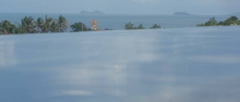 A calm sea with distant islands and palm trees.