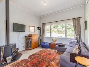 A cozy living room with a fireplace, a sofa, a television, and a large window with curtains.