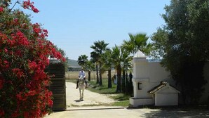A pathway leading to a gated area with a person riding a horse. - CASA SALON - Hacienda Finca Mangueta (Vejer de la Frontera)