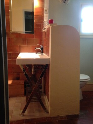 Shower, towels, soap, toilet paper