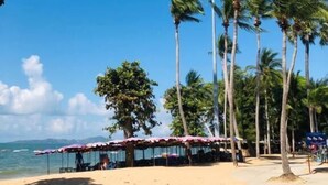 A beach with palm trees, a clear sky, and a structure with a red roof. - Chang Charlie Inn (Pattaya)