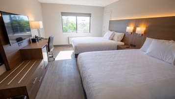 Down comforters, desk, laptop workspace, blackout drapes