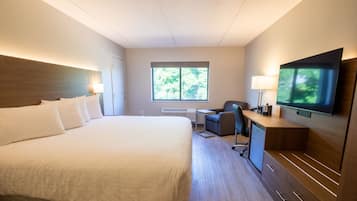 Down comforters, desk, laptop workspace, blackout drapes