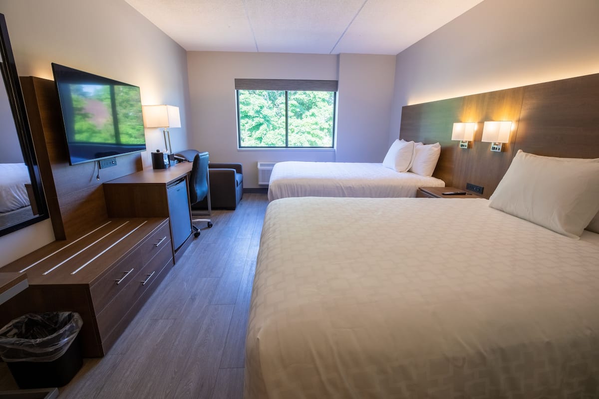 down duvets, desk, laptop workspace, blackout curtains