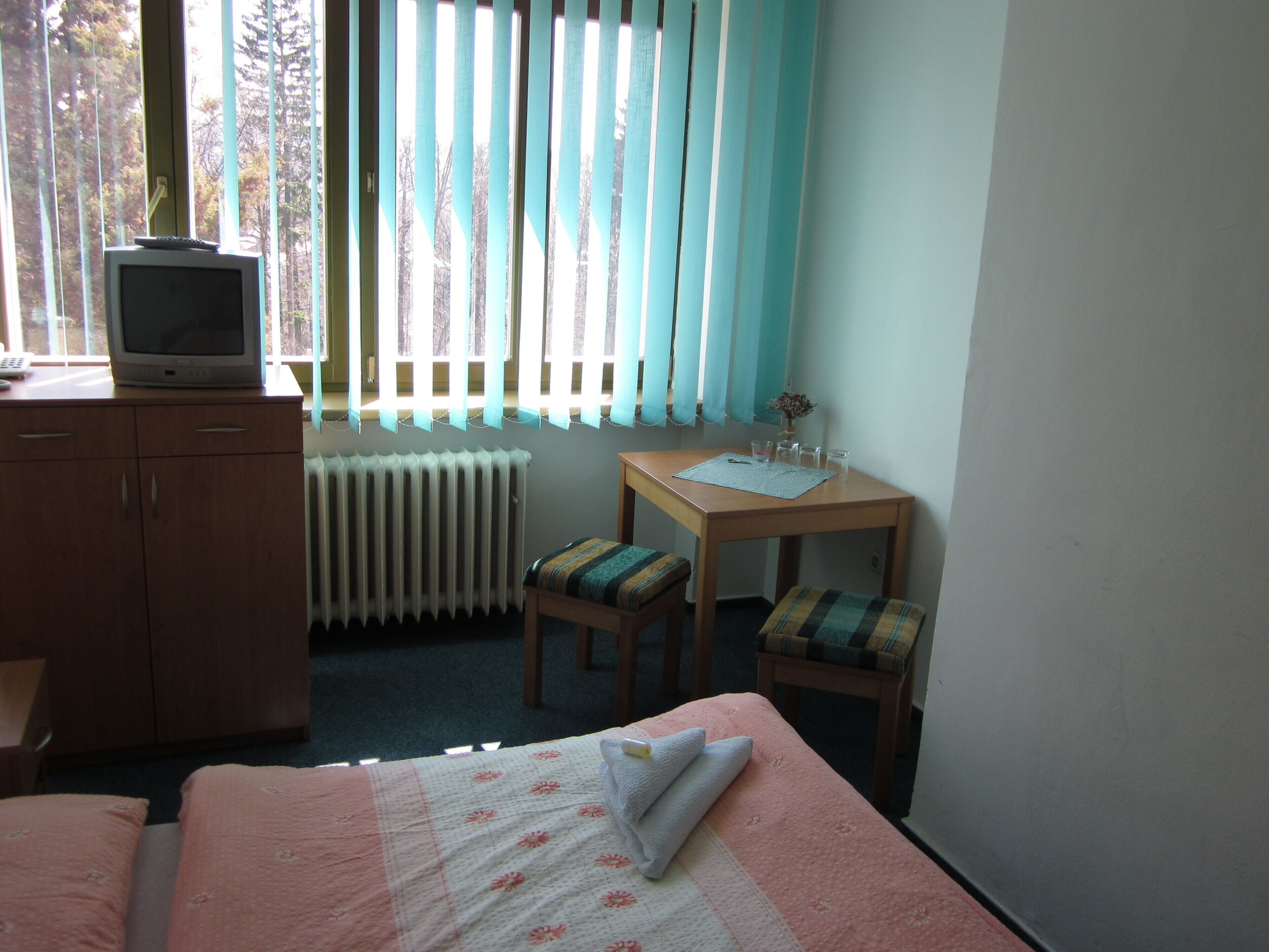 Een slaapkamer met een bed, een houten bureau, een stoel, een radiator en een televisie op een kast.